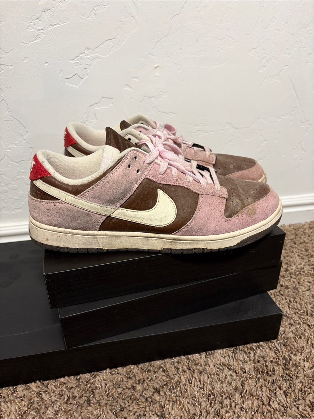 Nike Low Dunk Suede Sneakers in Neopolitan: Pink, Brown & Red
